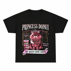 Men’s Princess Donut Chonk Cat Graphic T-Shirt, Cute Funny Cat With Donuts Retro Print Tee, Unisex Casual Short Sleeve Top For Cat Lovers