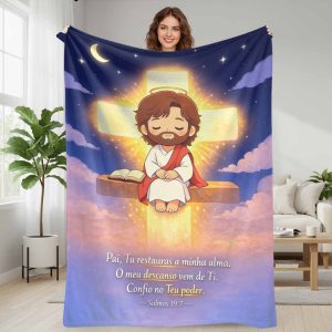 Father You restore my soul flannel blanket with divine cross and holy scripture print ultra soft cozy lightweight warm throw for living room bedroom couch office sofa religious spiritual gift decoration