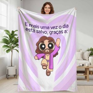 And once again the day is saved thanks to religious faith Jesus cartoon graphic flannel blanket super soft cozy lightweight warm fuzzy aesthetic throw for living room bedroom couch sofa bed travel office and holiday gifts