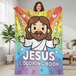 Religious Savior Jesus Coloring Book flannel blanket rainbow heart graphic soft cozy lightweight warm fuzzy plush for couch bed sofa living room church prayer spiritual meditation home decor holiday gift
