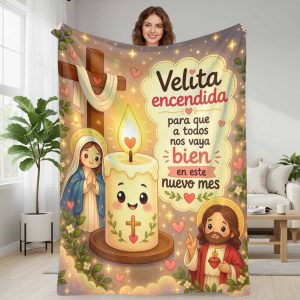 Lighted candle religious faith flannel blanket glowing prayer candle floral heart print ultra plush cozy throw for living room church worship spiritual meditation home decor thanksgiving holiday gift