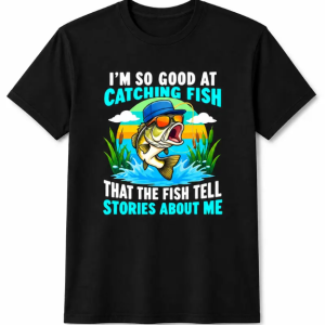 I'm So Good At Catching Fish Funny Fishing Graphic Tee, Retro Sunset Humorous Fisherman Slogan Shirt for Men Fishing Lovers, Short Sleeve Printed T-Shirt