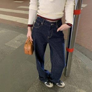 Real shot of denim blue jeans for women in spring high waist retro versatile casual pants trousers