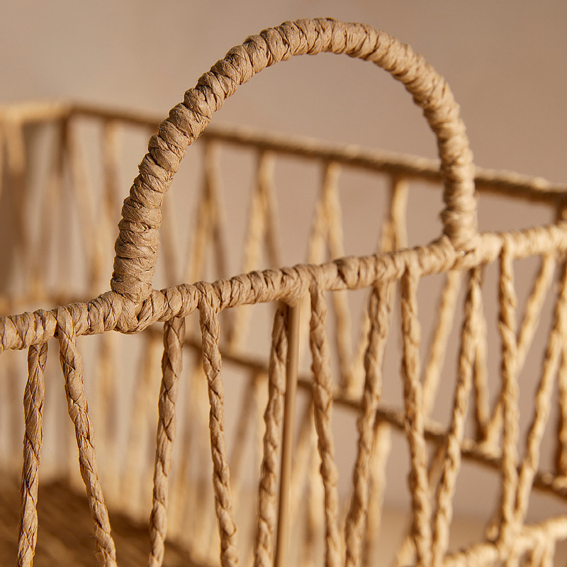 Paper rope rattan bathroom towel clothes toy storage frame with handle fashionable hollow storage basket